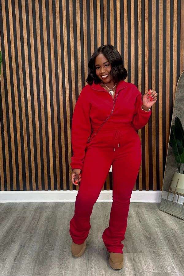 2 Pieces Crop Top Jacket Jogger Pants Set - XL, Red image