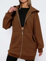 Casual Brown Hooded Zip-Up Jacket image 3