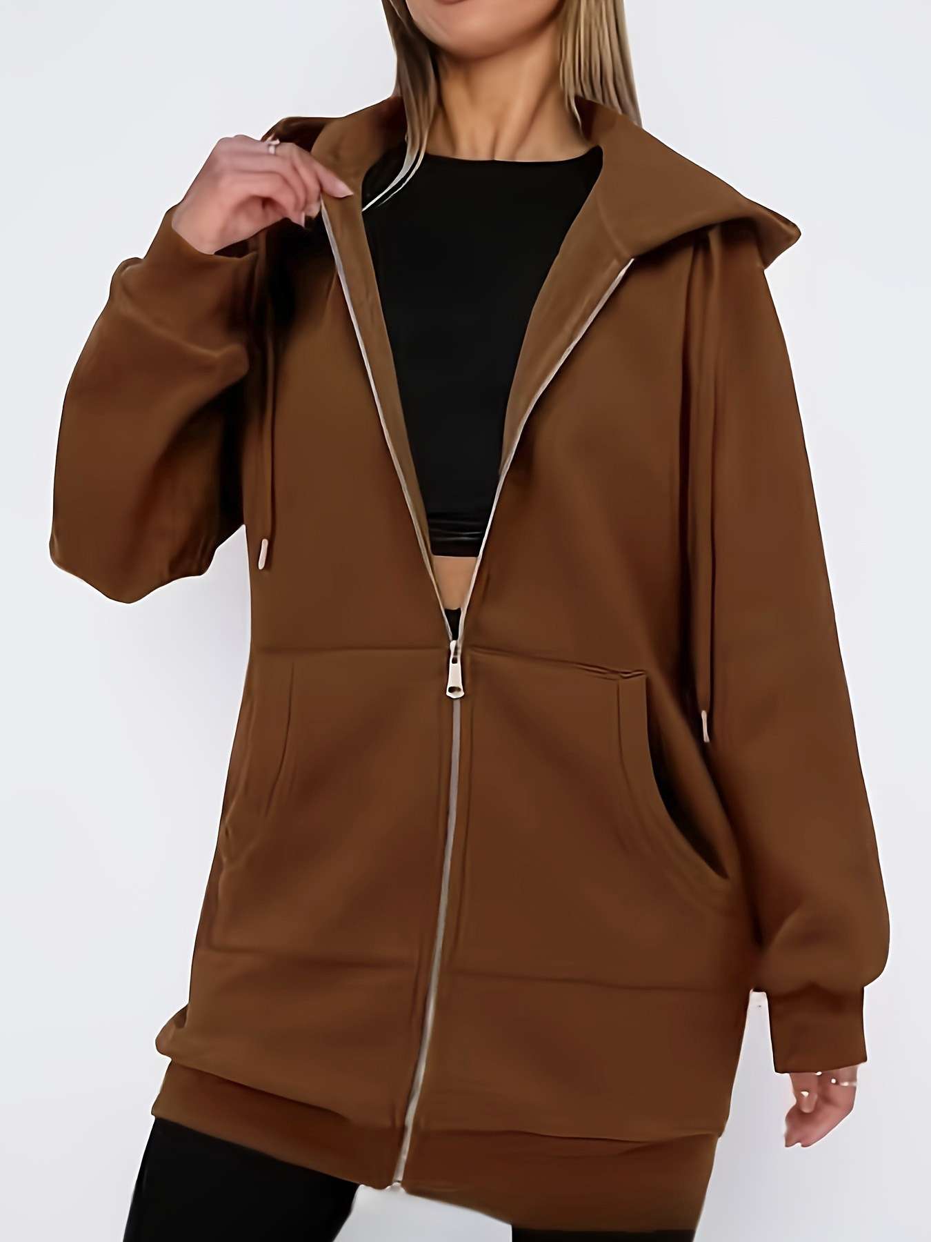 Casual Brown Hooded Zip-Up Jacket image 3