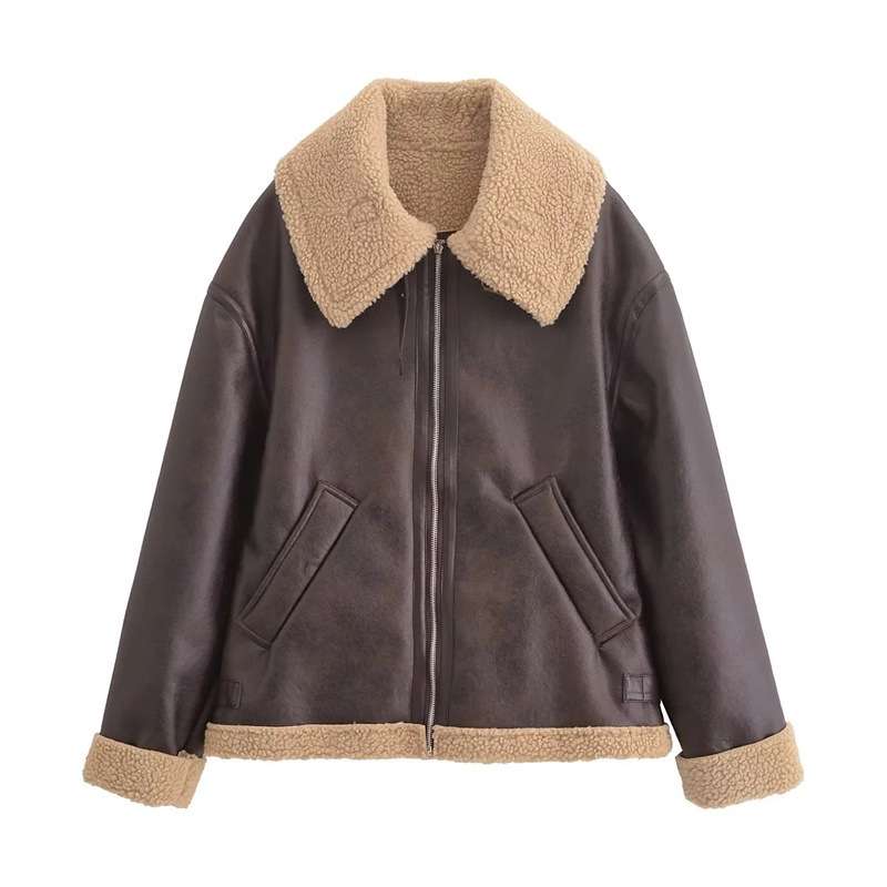 Shearling-Lined Faux Leather Aviator Jacket - L, Brown image