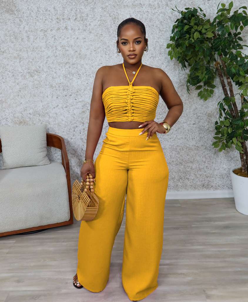 Two-Piece Strapless Crop Top & Wide-Leg Pants image 5