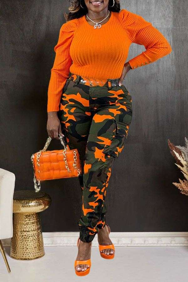 Camo Print Flap Pocket Cargo Pants - XL, Multi Orange image