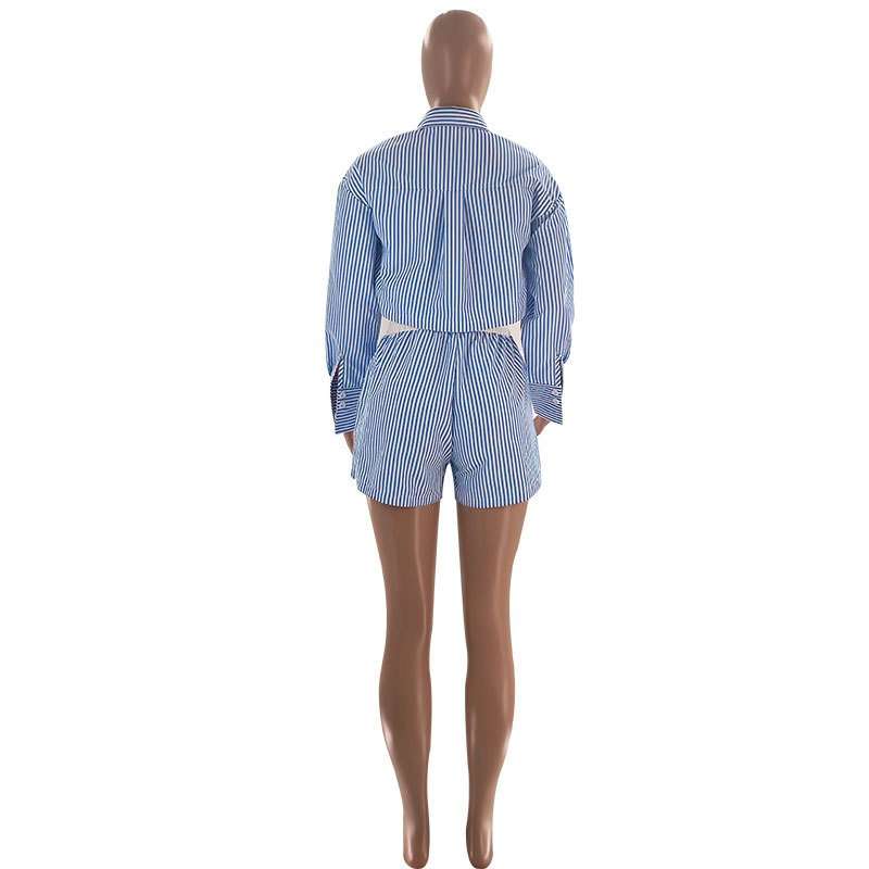 Fashion Stripe Long Sleeve Crop Shirt Shorts Set image 2