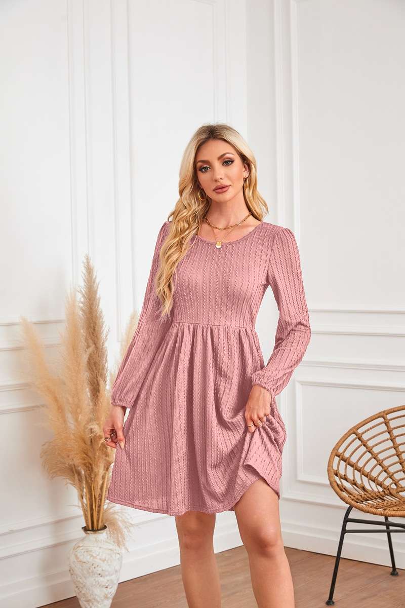 Long-sleeved Solid round neck Dress - S, Blossom Pink image