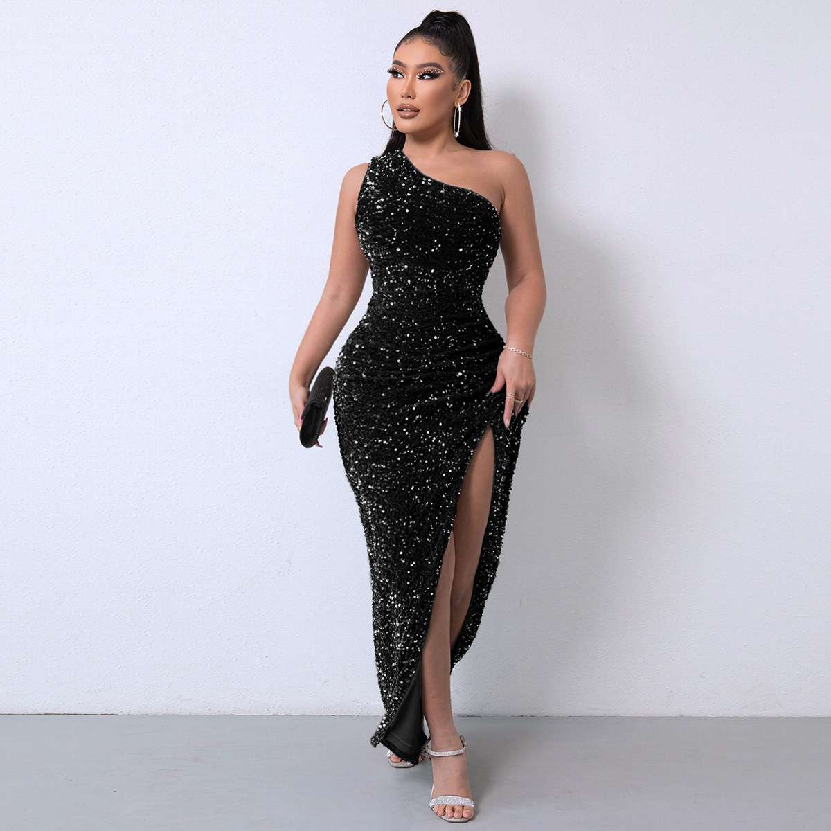 One Shoulder Wrap Split Thigh Party Dress - S, Black image