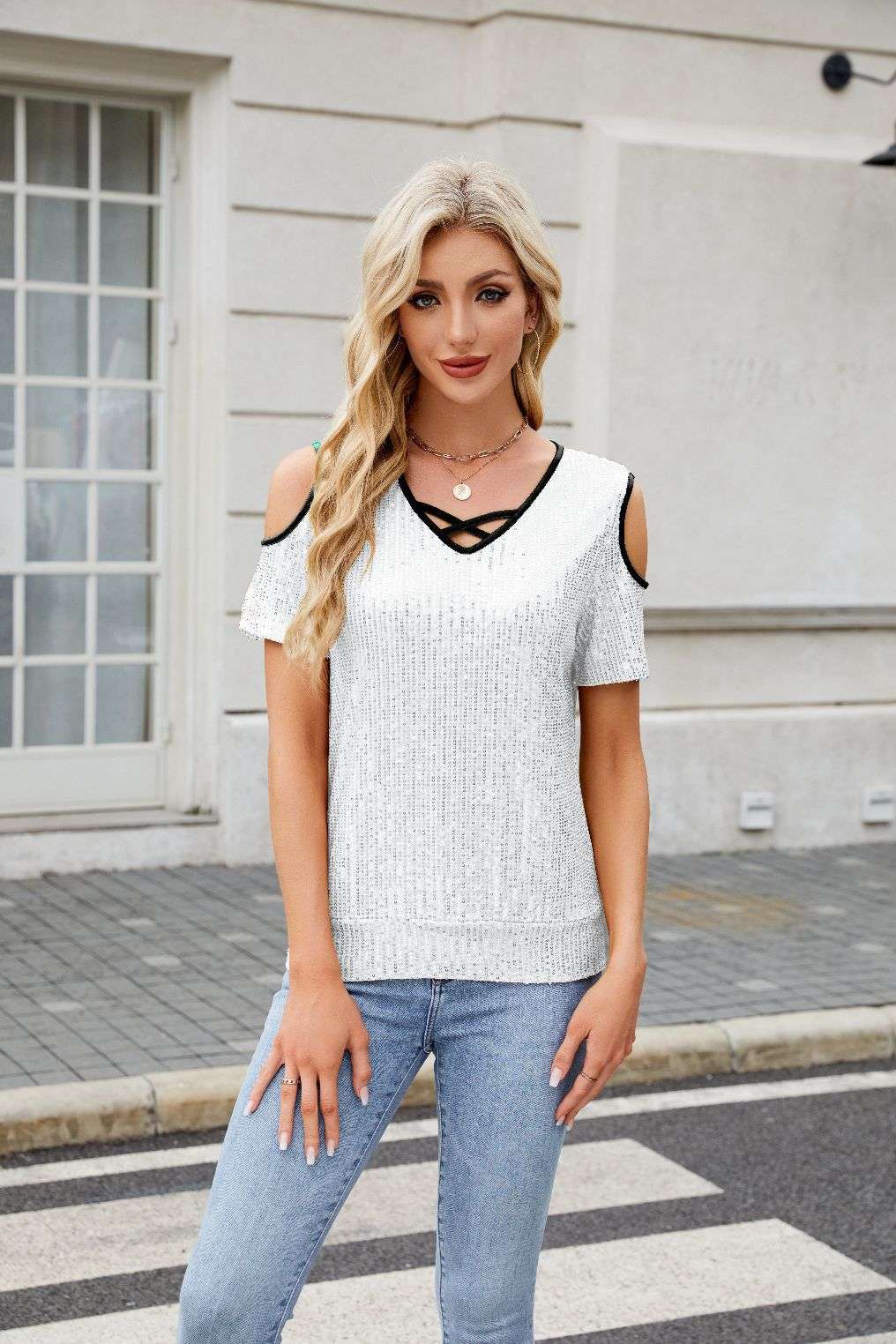 Sequin Embellished Short-Sleeve Top - M, White image