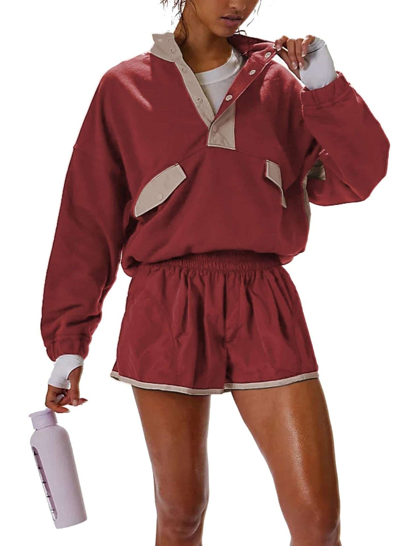 Color-Blocked Windbreaker and Shorts Set - M, Wine Red image