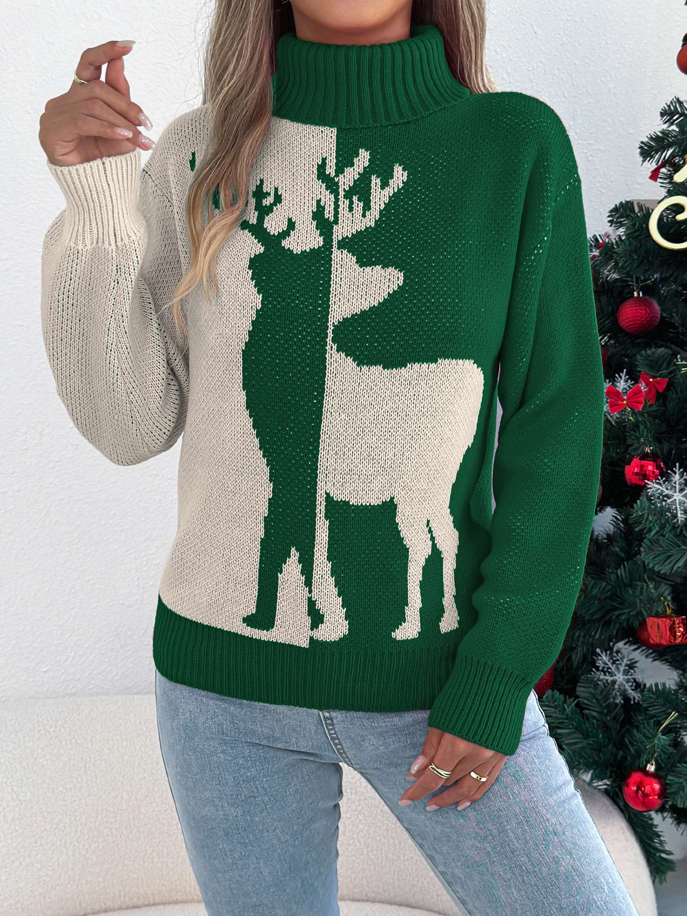 Festive Christmas Reindeer Sweater - S, Green image