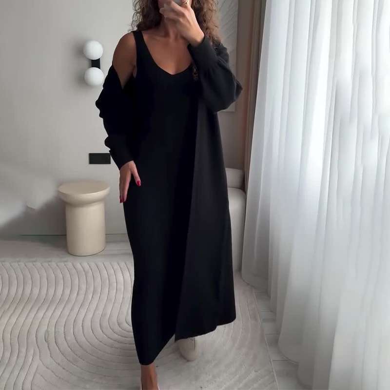Bodycon Dress with Long Cardigan chic Set - M, Black image