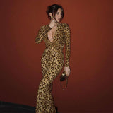 Leopard Print Maxi Dress with Long Sleeves - L, Brown image