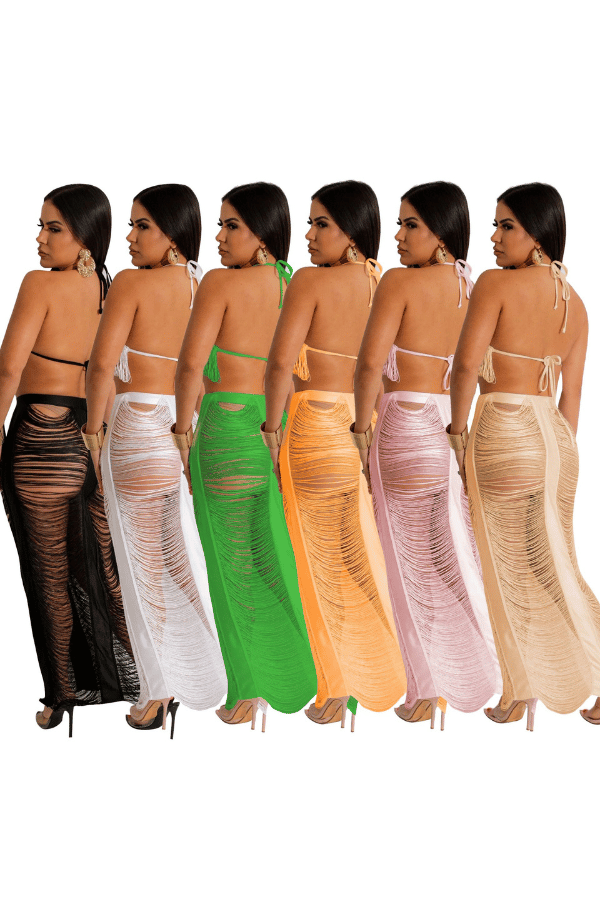 Sexy 2 Piece Halter Tassel Crop Top Maxi Skirt Summer Beach Holiday Outfits image 2