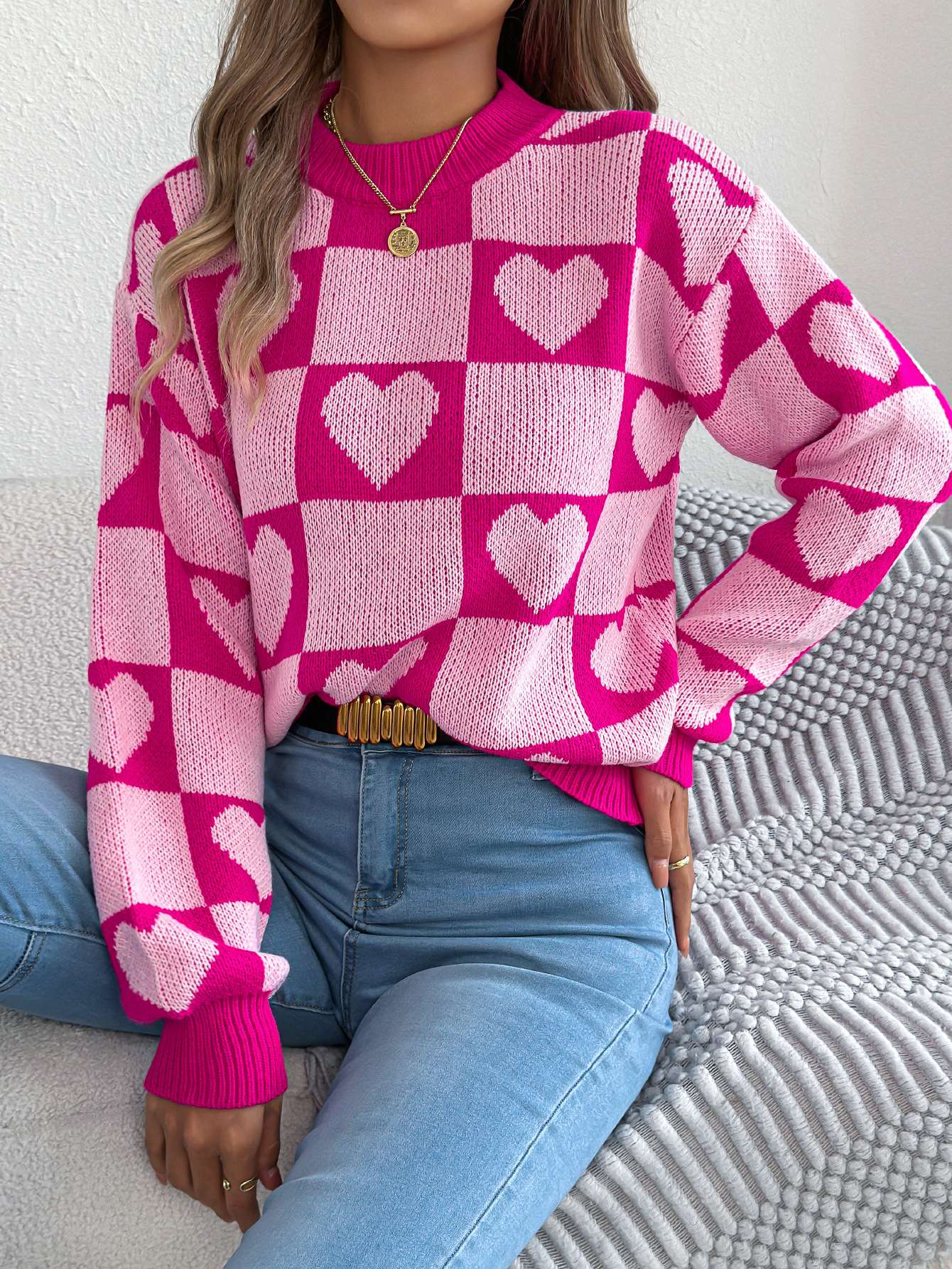 Heart Pattern Knit Sweater - S, Rose image