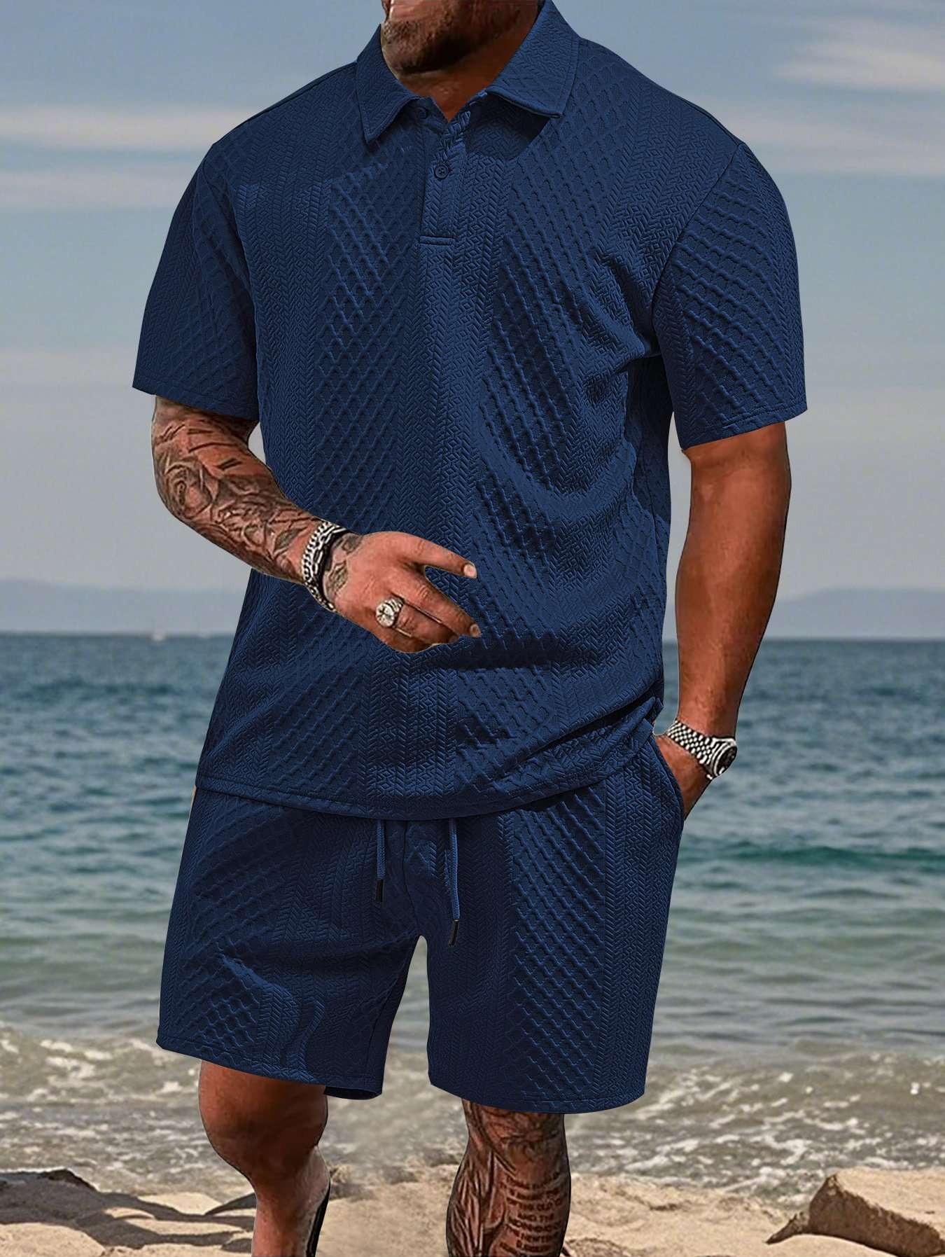 Textured Polo and Shorts Set image 1