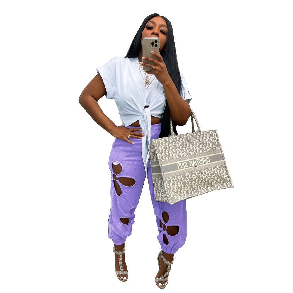 Hollow Out High Waisted Wide Leg Sweatpants - M, Purple image