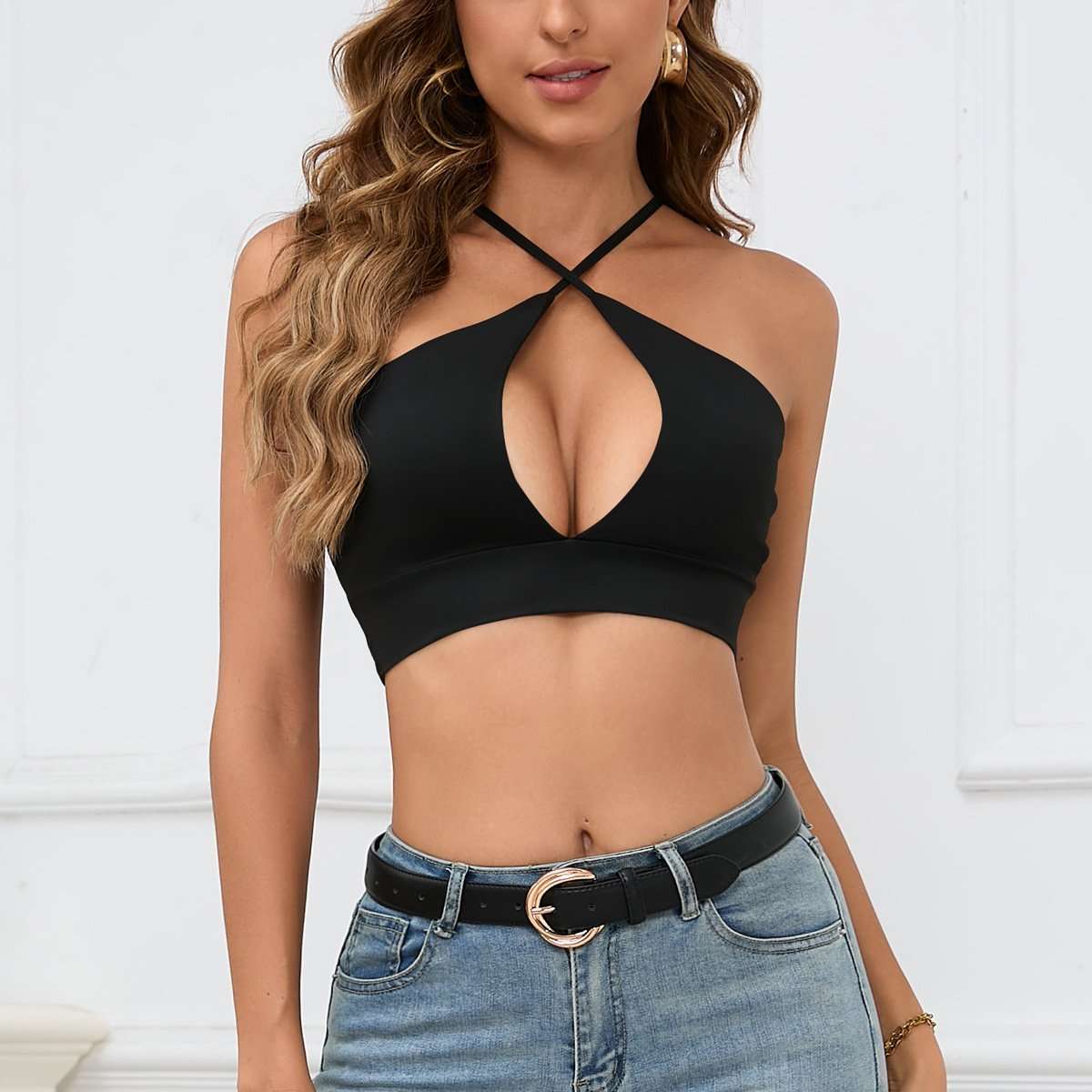 Crisscross Halter Keyhole Front Crop Top image 1