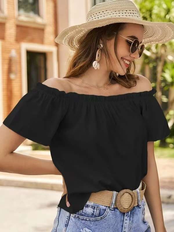 Off-Shoulder Boho Summer Top - S, Black image