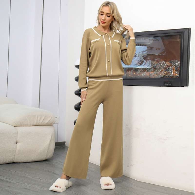 Trendy Casual Top & Wide Leg Pants Lounge Set - Friar Brown image