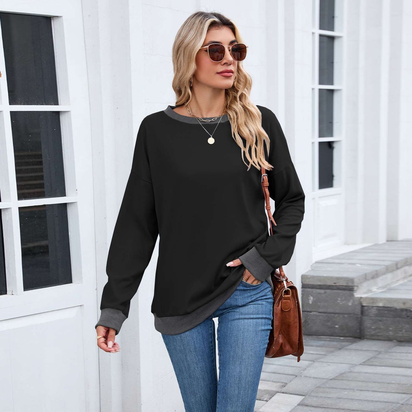 Long Sleeve Sweater with Contrast Cuffs and Hem - L, Black image