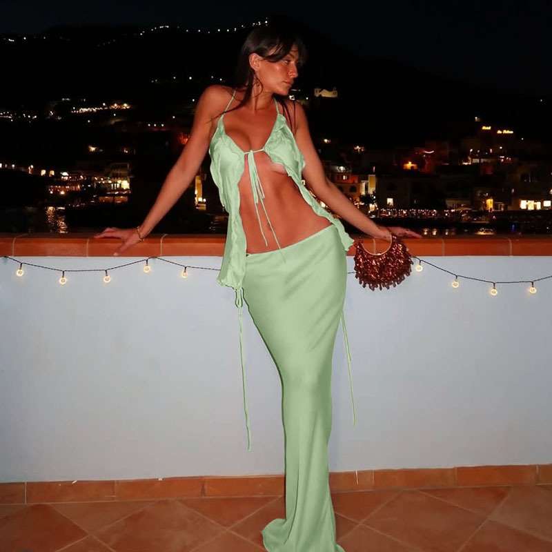 Backless Ruffle Tie Top & Maxi Skirt Set - L, Green image