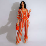 Monochrome Stripes Crochet Top and Pants Set - M, Orange image