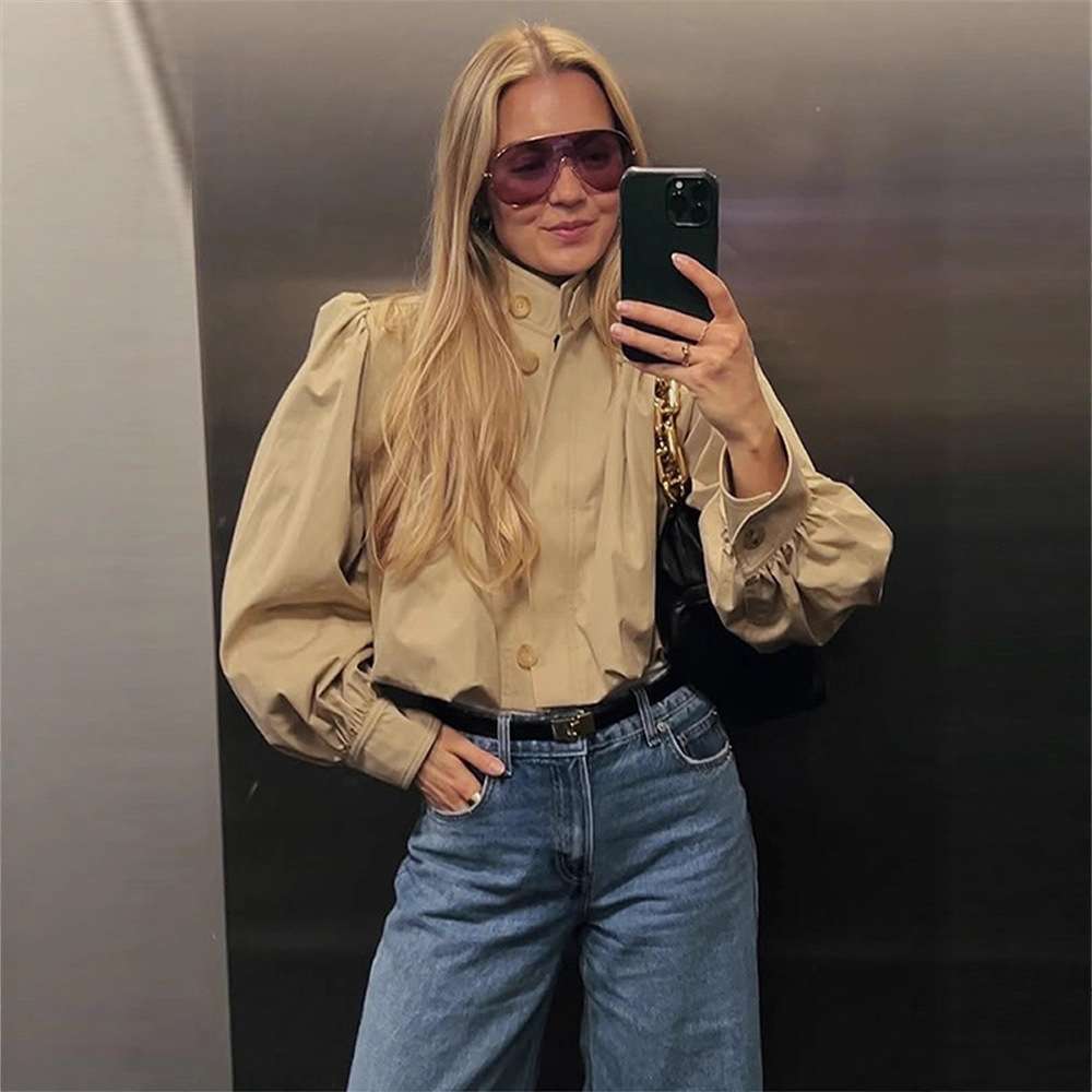 Vintage-Style Puff Sleeve Blouson Top image 1