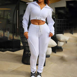 Turndown Collar Zipper Drawstring Crop Top and Pant set - S, White image