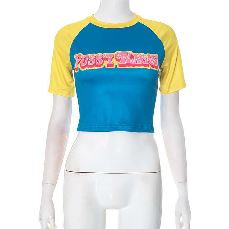 Colorblock Letter Print Cropped T-shirts image 2