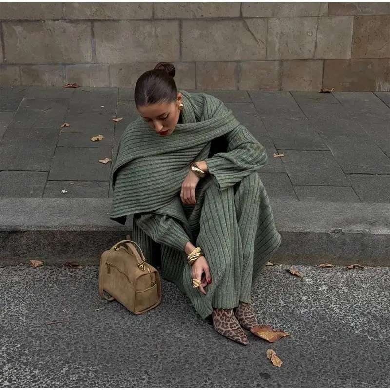 Chic Scarf Collar V-neck Knitted Sweater Suits - S, Dawn Green image