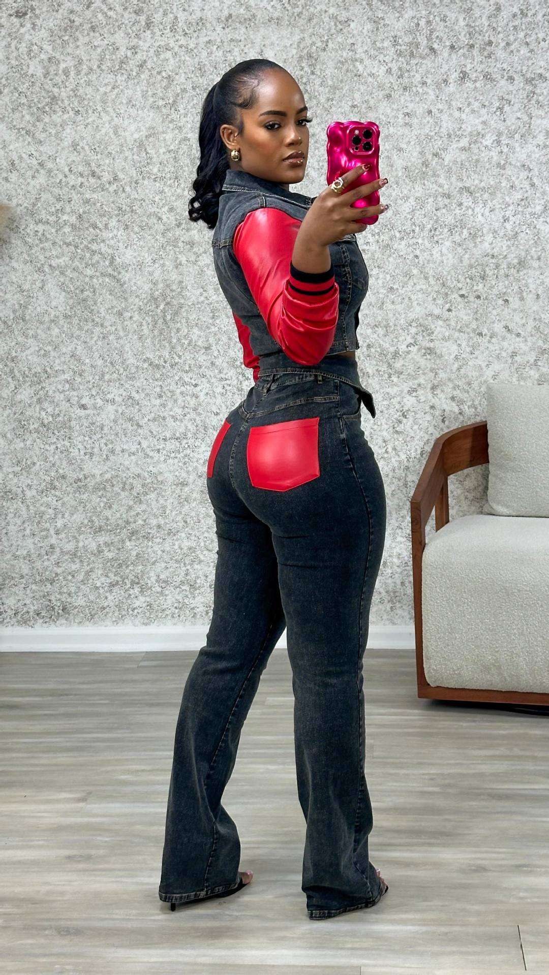 Patchwork Denim Set cropped jackethigh-waist jeans image 2