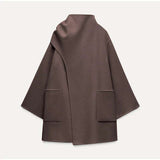 Scarf Collar Solid Midi Coat - S, Brown image