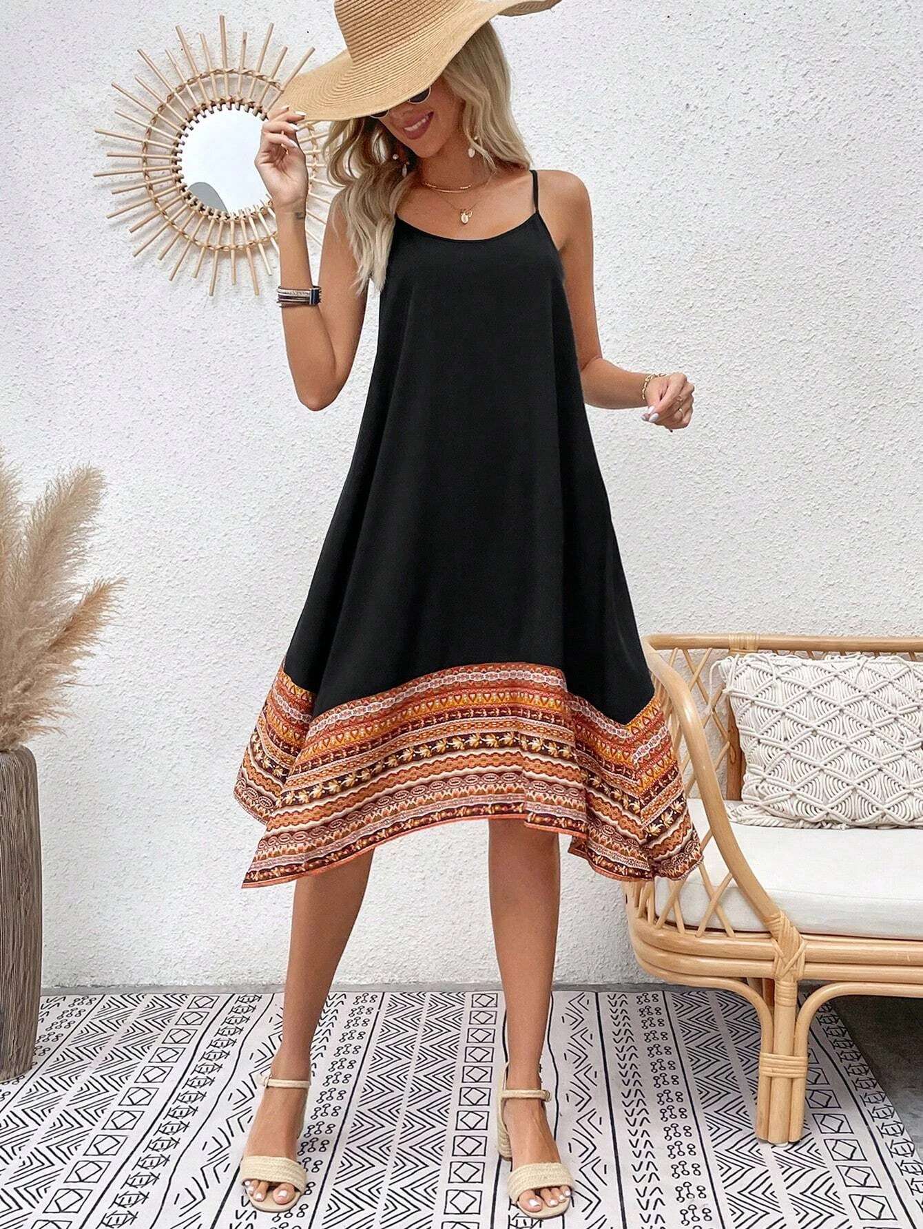 Boho Chic Dress with Colorful Border Hem - S, Black image