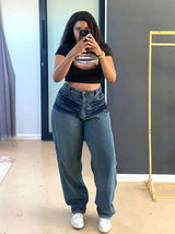 High-Waisted Wide-Leg Distressed Jeans - M, Blue image