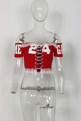 Lace-Up Off-Shoulder Varsity Crop Top image 3
