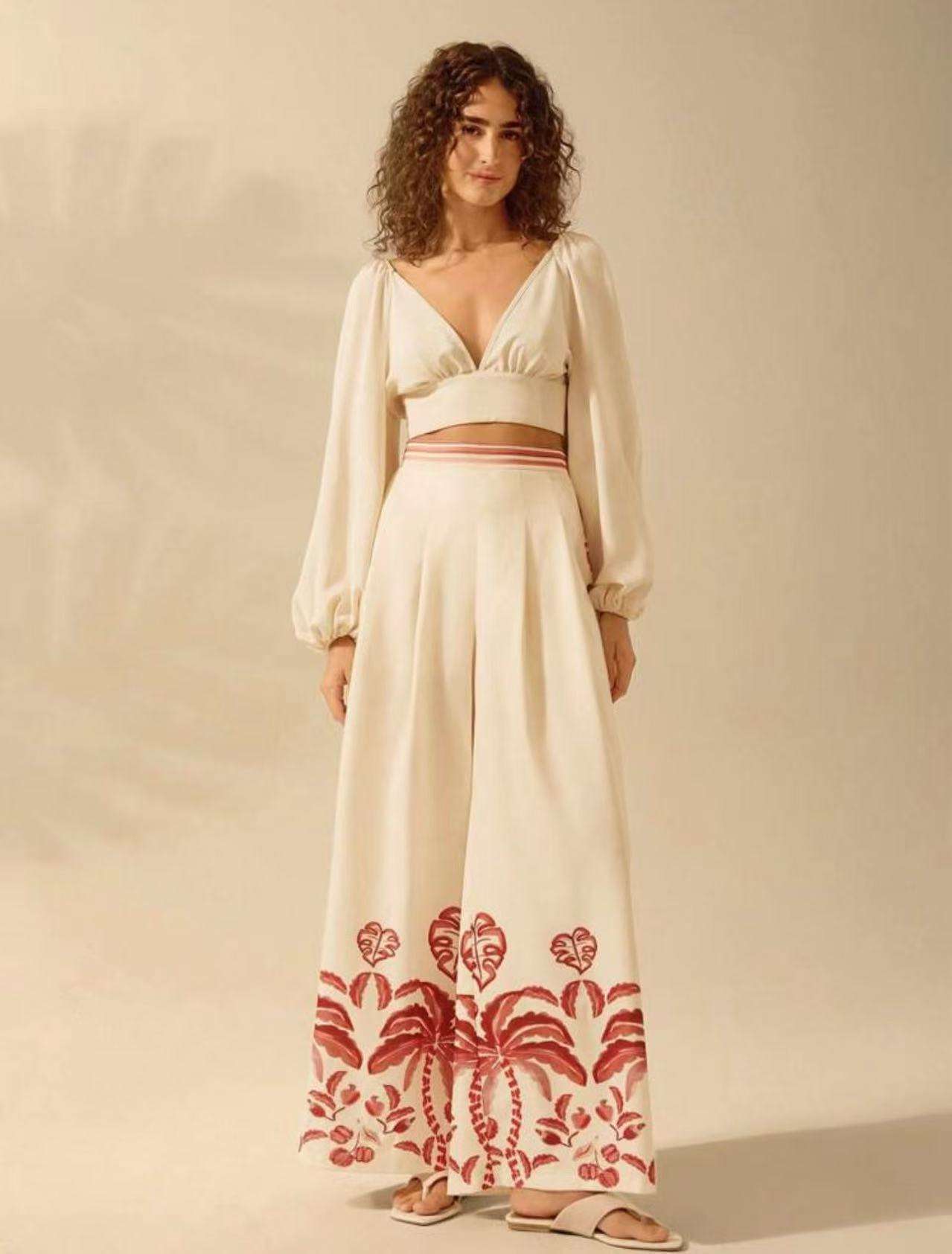 Tropical Print High-Waisted Wide-Leg Pants - L, Red image