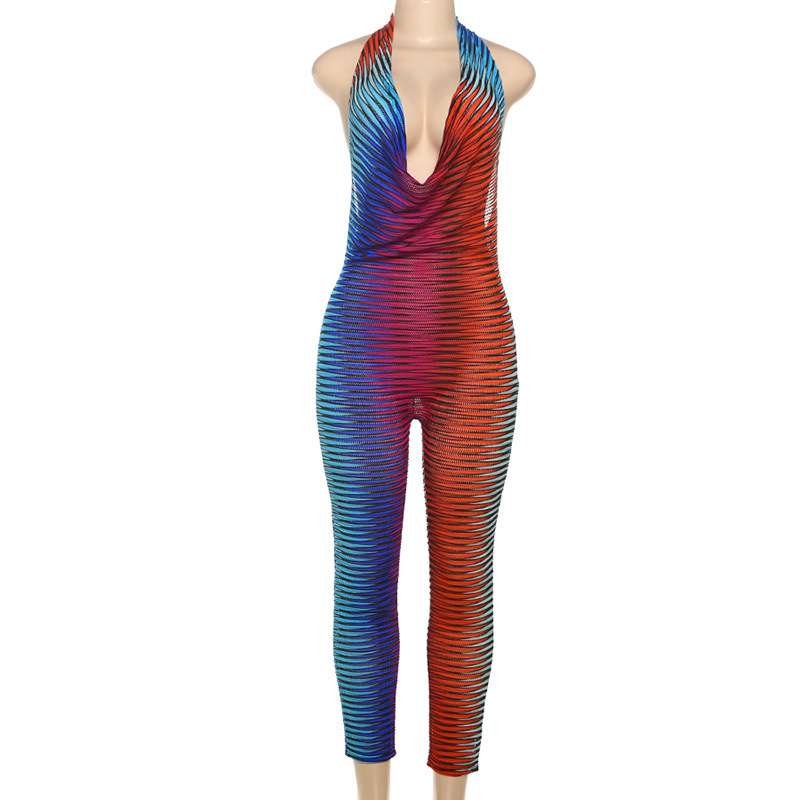 Vibrant Multicolor Striped Halter Jumpsuit image 2