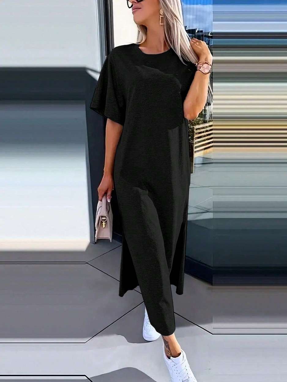 Oversized T-Shirt Dress with Side Slits - L, Black image