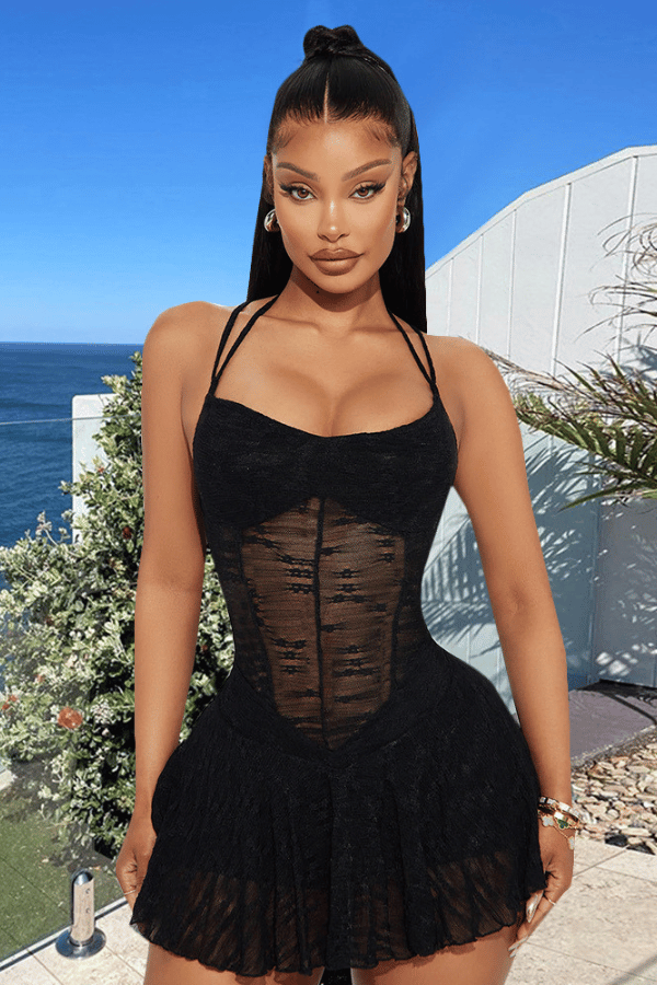 Ethereal Lace Halter Skater Dress - S, Black image