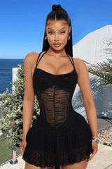 Ethereal Lace Halter Skater Dress - S, Black image