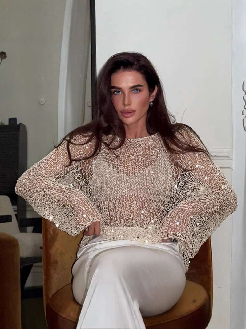 Gold Sequin Embellished Top - S, Cream Beige image