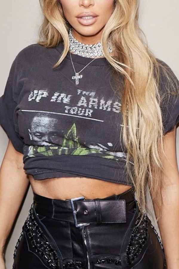 Printed Round Neck Knot Tie Cropped Tee Shirt Top image 0