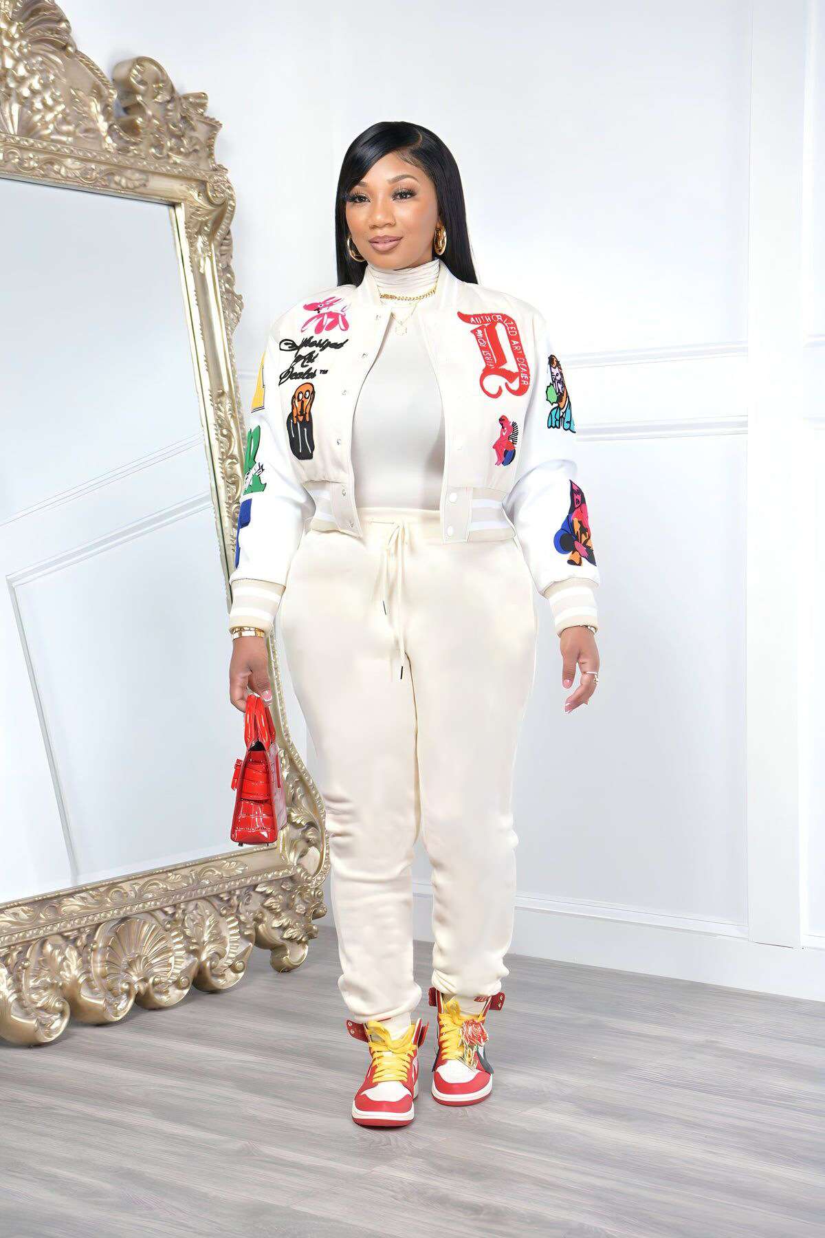 Button Up Printed Crop Fitted Baseball Jacket image 1