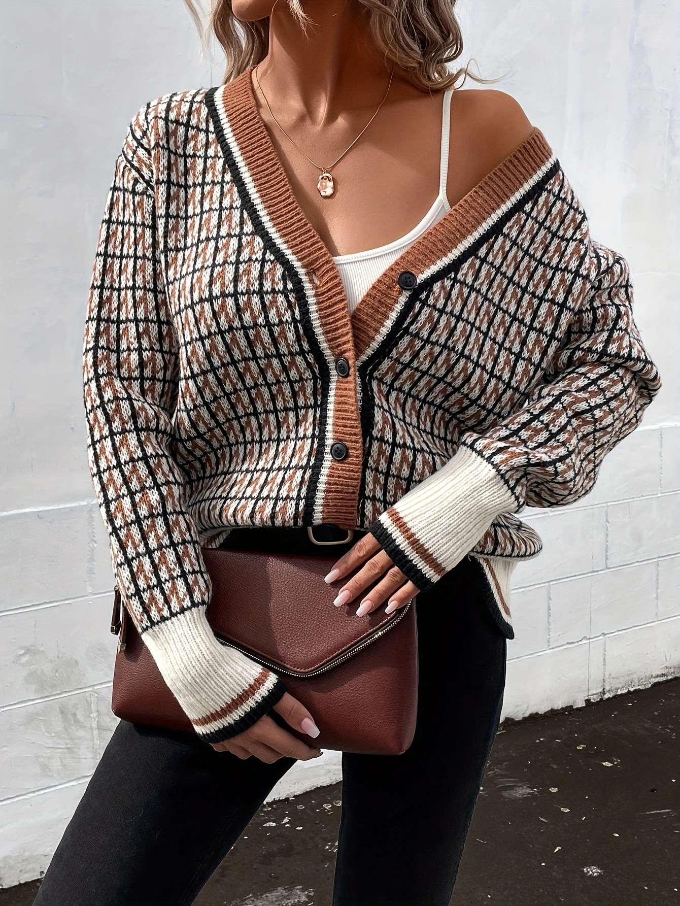 Plaid Pattern Drop Shoulder Cardigan Sweater image 0