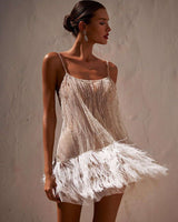 Feather-Trim Beaded Evening Dress - M, White image