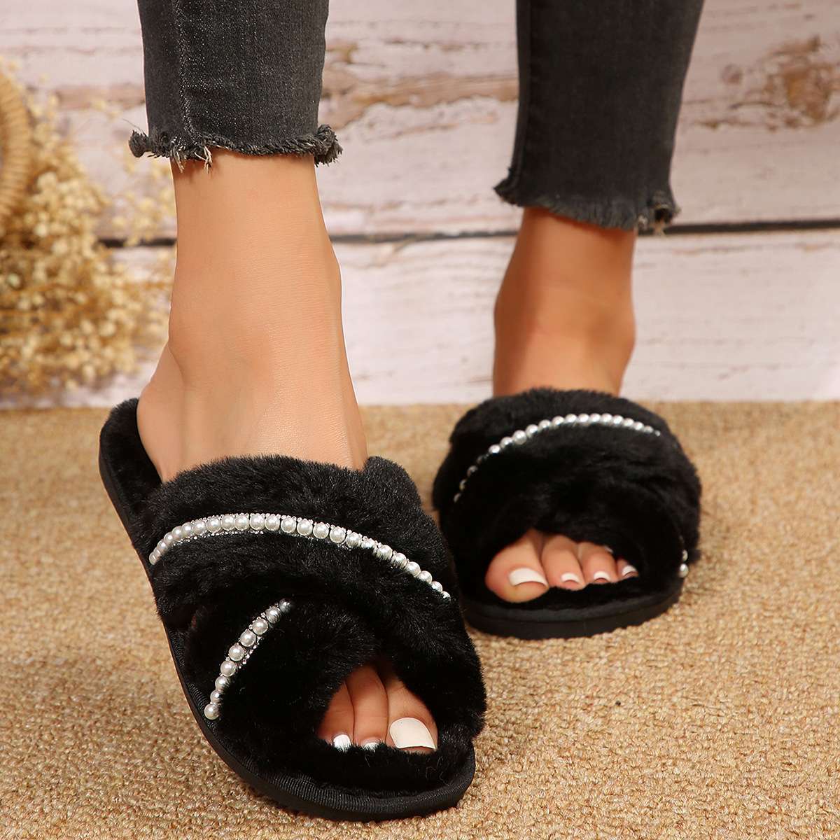 Faux Fur Slippers with Pearl Embellishments image 0