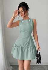 Striped Sleeveless Dress with Button Details - S, Green image