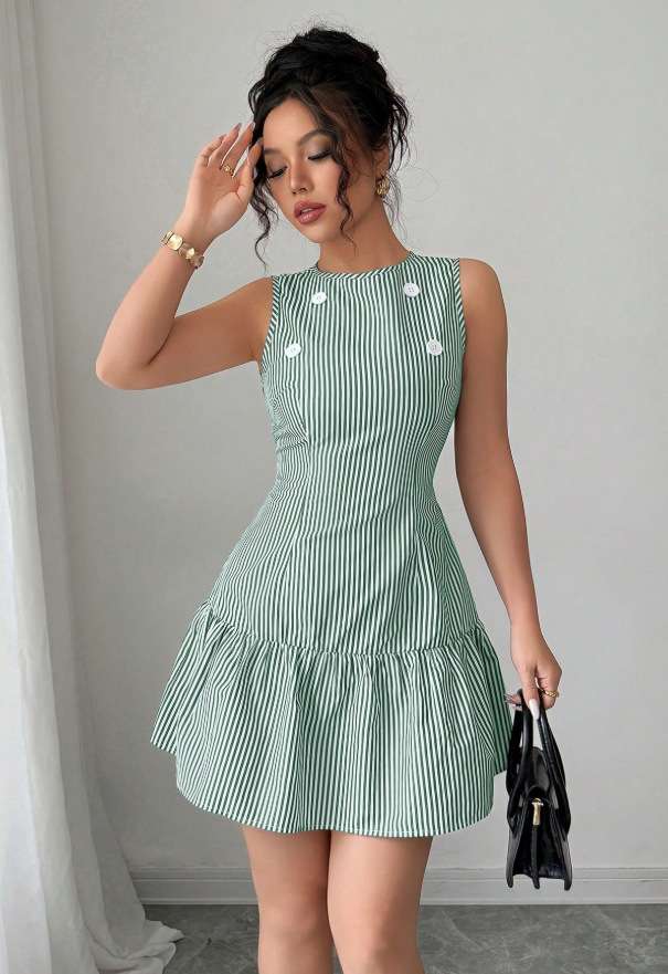 Striped Sleeveless Dress with Button Details - S, Green image