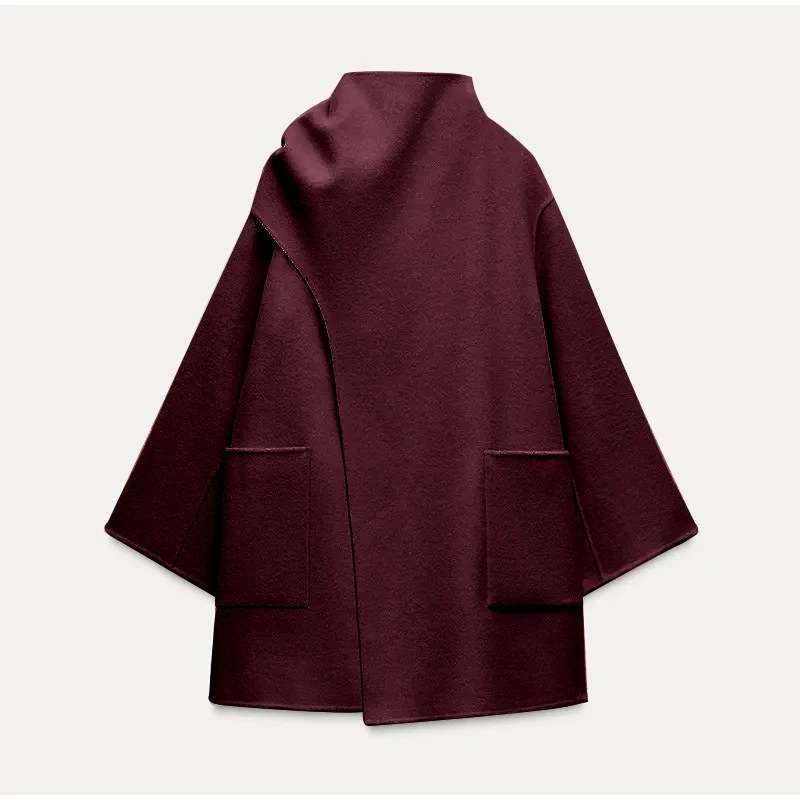 Scarf Collar Solid Midi Coat - S, Wine Red image