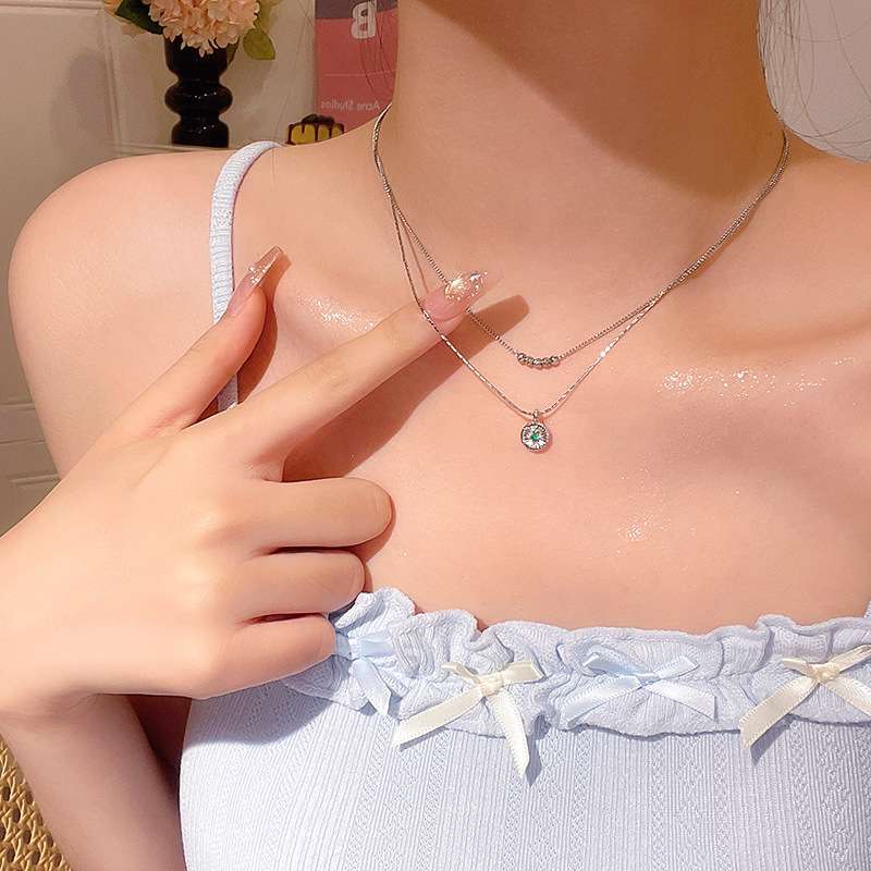 Double Layer Silver Necklace with Beaded & Pendant Design - Free Size, Silver image