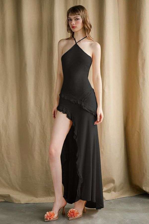 Halter Maxi Dress with Ruffle Details image 1