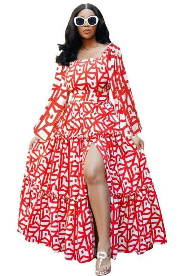 Spring elegant slit printed u-neck dress image 0